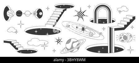 Surreal space portal set with cosmic stairs, celestial door passages and planetary elements. Abstract monochrome universe with floating staircases, mysterious gateways, stars and geometric shapes Stock Vector