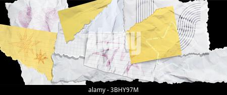 Torn paper textures with funky yellow sticky notes and lined notebook sheets - abstract collage materials with doodles, wrinkled edges and grunge elements for creative journaling and mixed media. Stock Vector