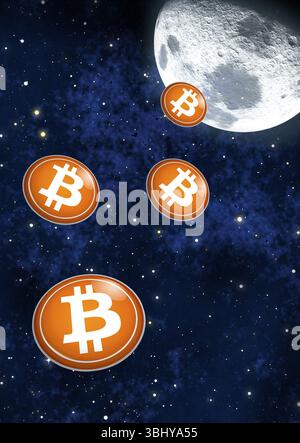 bitcoin flying to the moon, as concept for the saying to the moon Stock Photo