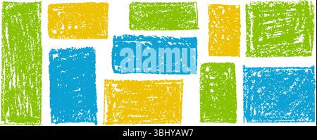 Kid doodle of rough rectangular shapes with blue, yellow, green pastel wax texture, resembling chalkboard or charcoal squiggle art. Grunge school Stock Vector