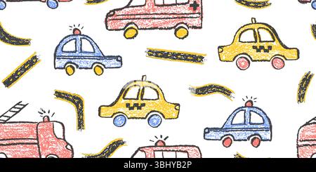 Colorful seamless pattern of crayon drawn vehicles: police, taxi car, ambulance truck and road symbol for bedroom. Vector wax pastel squiggles with Stock Vector