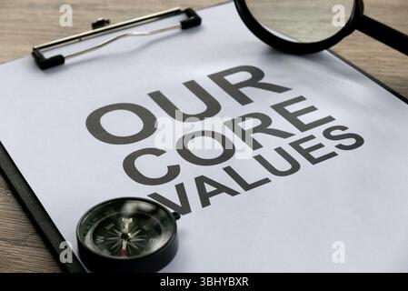 Core Values Guidance and Ethical Scrutiny Concept with Clipboard, Compass, and Magnifying Glass Stock Photo