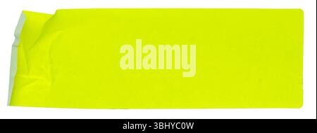 fluorescent neon yellow rectangular paper sticker label isolated on white background. Stock Photo