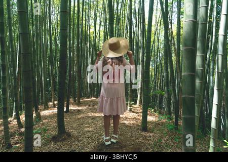 Back view of a girl with long wavy hair and a straw hat standing in a dense bamboo forest. She is wearing a light pink dress and looking up at the towering bamboo stalks surrounding her. The sunlight filters through the green canopy, creating a peaceful and immersive atmosphere. Captures the essence of nature exploration, mindful travel, and eco tourism in Asia.  Stock Photo