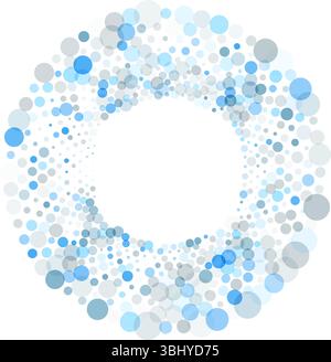 Blue and white colored spots, circle round frame, vector pattern features a dynamic ring of overlapping multicolor circles that form a festive spiral, Stock Vector
