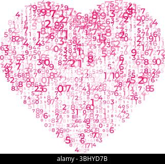 Digital love concept, data array, lots of numbers digits in heart shape Pattern, abstract math background, big data concept, cardiology healthcare pos Stock Vector
