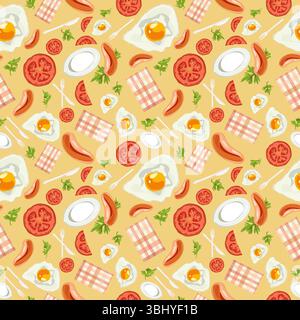 Seamless Pattern with Fried Eggs, greens nd tomatoes Healthy Breakfast pattern Stock Vector
