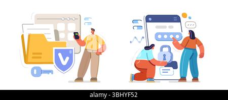 Privacy and data safety. Information security and encryption protection. Data protection in digital storage Stock Vector