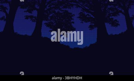Night Forest with Foliage - Pixel Art. 8-bit Style Vector Illustration. Stock Vector