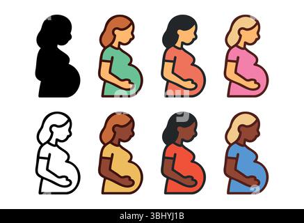 Set of flat and outline icons of pregnant women of different ethnicities in profile view isolated on white background. Concept of diversity, pregnancy Stock Vector