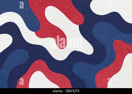 Abstract paper texture background with navy blue, white, red camouflage pattern with wavy lines and shapes. Stock Photo