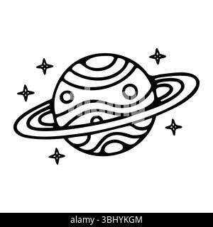 A simple line drawing of a planet with rings, surrounded by stars. The planet features wavy patterns and circular markings, representing a stylized Stock Vector