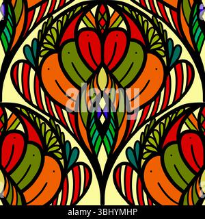 colorful line floral scribble scallop repeat pattern Stock Vector