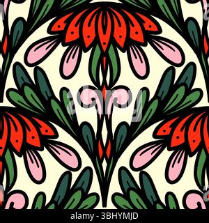 colorful line floral scribble scallop repeat pattern Stock Vector