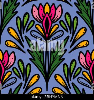 colorful line floral scribble scallop repeat pattern Stock Vector