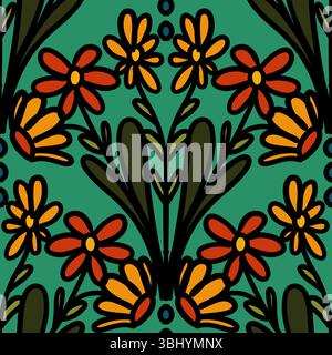 colorful line floral scribble scallop repeat pattern Stock Vector