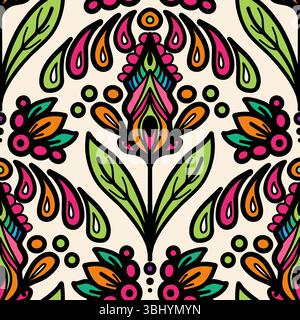 colorful line floral scribble scallop repeat pattern Stock Vector