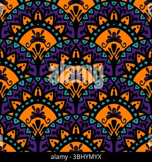 colorful line floral scribble scallop repeat pattern Stock Vector