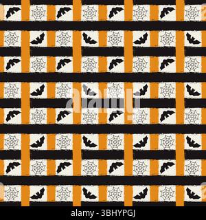 Raster orange, bone white and black Halloween grunge plaid with spooky bats and spiderwebs. Seamless raster check pattern background. Geometric grid Stock Photo