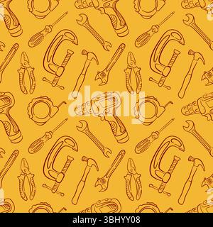 Seamless pattern with line art style tools, drill, hammer, pliers wrench and screwdriver on yellow background. Perfect for construction repair site Stock Vector