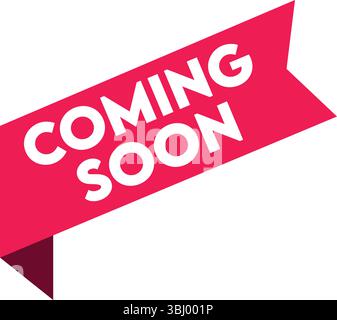 Red ribbon-style banner with Coming Soon text. Ideal for promotions or product launches. Stock Vector