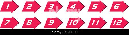 Red number bullet point from 1 to 12 vector set with arrow sign and shadow Stock Vector