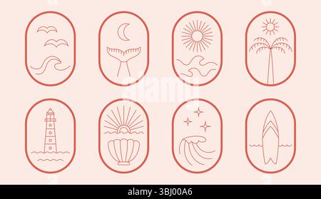 Minimalistic vacation, logo emblem in thin line boho style. Cute trendy stylish icons about travel, surf camp, school, adventure, paradise. Stock Vector