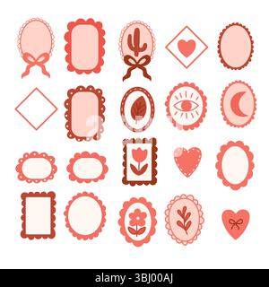 Set of 20 decorative boho icons including scalloped frames, hearts, flowers, moon, cactus, and mystical symbols in warm tones. Stock Vector
