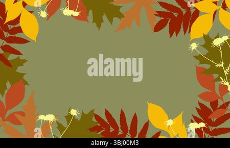 Horizontal autumn frame, border bright leaves on green background. Vector illustration Stock Vector