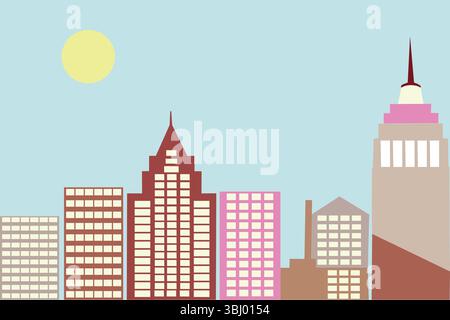 A minimalist illustration of a city skyline featuring geometric skyscrapers under a bright blue sky with a yellow sun, offering a modern and abstract Stock Photo