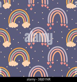 Boho-style repeating pattern of pastel rainbows with clouds and hanging hearts on dark background. Ideal for kids textiles or stationery. Stock Vector