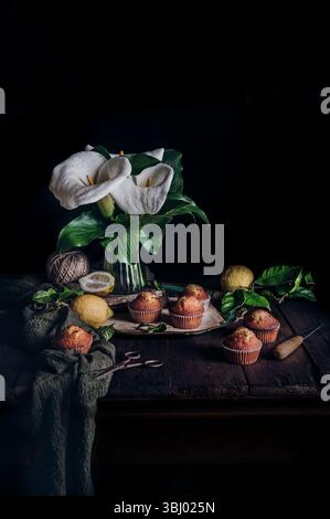 A rustic still life featuring freshly baked muffins, lemons, and elegant white calla lilies in a vase, set on a dark wooden table with a moody atmosph Stock Photo