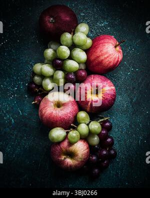 A vibrant arrangement of fresh apples and grapes on a dark, textured background. The mix of red, green, and purple hues creates an inviting and colorf Stock Photo