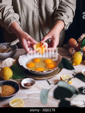 A person cracks eggs into a bowl on a table surrounded by lemons, brown sugar, and spices, capturing a rustic kitchen scene filled with fresh ingredie Stock Photo