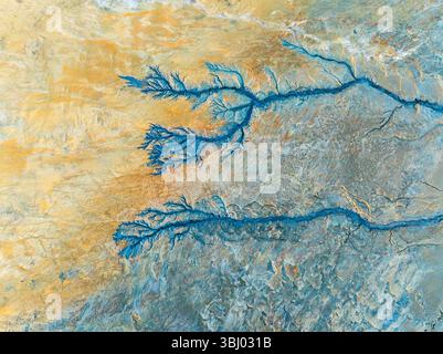 An intricate abstract fractal design showcasing flowing blue patterns against textured shades of tan and gray, reminiscent of natural landscapes and o Stock Photo