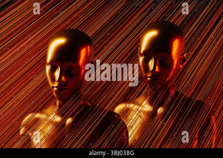 Two metal humanoids stand between illuminated lines representing the concept of artificial intelligence and modern technology in a dark background Stock Photo