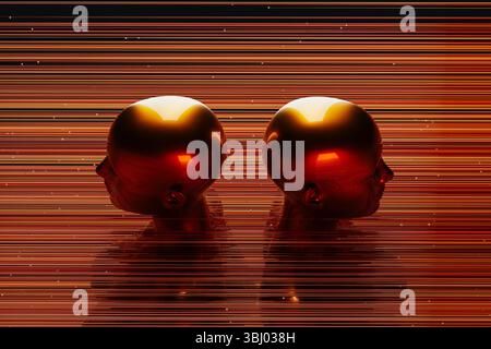 Two metal humanoids stand between illuminated lines representing the concept of artificial intelligence and modern technology in a dark background Stock Photo