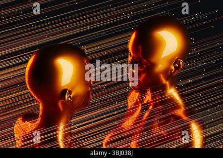 Two metal humanoids stand between illuminated lines representing the concept of artificial intelligence and modern technology in a dark background Stock Photo