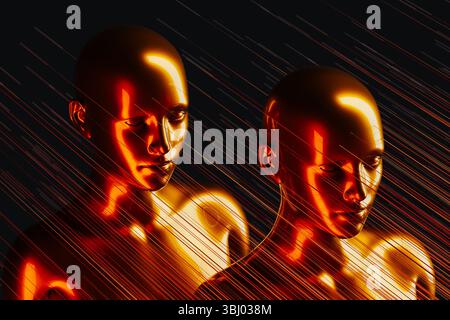Two metal humanoids stand between illuminated lines representing the concept of artificial intelligence and modern technology in a dark background Stock Photo