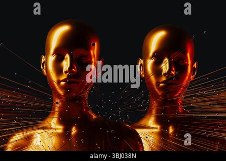 Two metal humanoids stand between illuminated lines representing the concept of artificial intelligence and modern technology in a dark background Stock Photo