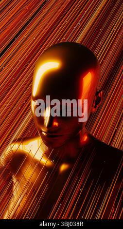 A sleek metal humanoid stands against a backdrop of vibrant, swirling lines representing artificial intelligence and technology concepts Stock Photo