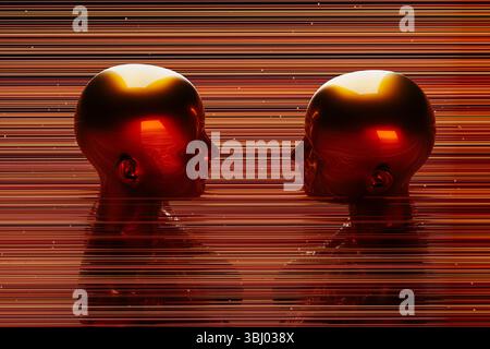 Two metal humanoids stand between illuminated lines representing the concept of artificial intelligence and modern technology in a dark background Stock Photo