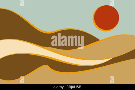 Abstract desert mountain poster design. Minimalistic dune landscape background with sunrise and sunset Stock Vector