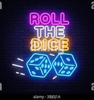 Neon roll the dice sign with glowing blue dice on brick wall. Dynamic design for casino advertising, game rooms or betting visuals. Stock Vector