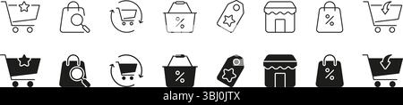 Retail, Discount, And Online Shopping Symbol Collection. Shopping And E-Commerce Icon Set. Shopping Cart, Bag, Tag, And Storefront Icons. Isolated Stock Vector