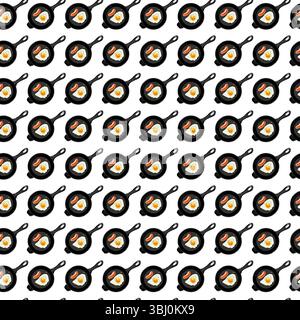 Seamless Pattern with Fried Eggs and sausage in aa frying pan. Healthy Breakfast Stock Vector