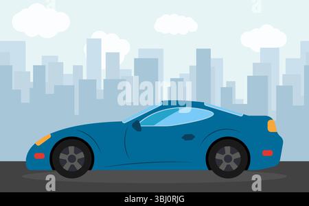 Blue sports car in the background of skyscrapers in the afternoon.  Vector illustration. Stock Vector