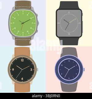 Set of four watches. Clock face with hour, minute and second hands. Vector illustration. Stock Vector