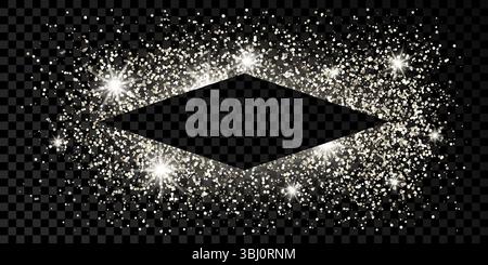 Silver rhombus frame with glitter, sparkles and flares on dark transparent  background. Empty luxury backdrop. Vector illustration. Stock Vector