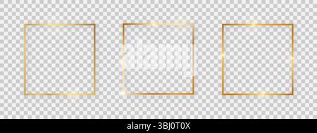 Square shiny frames with glowing effects. Set of three gold square frames with shadows on transparent background. Vector illustration Stock Vector